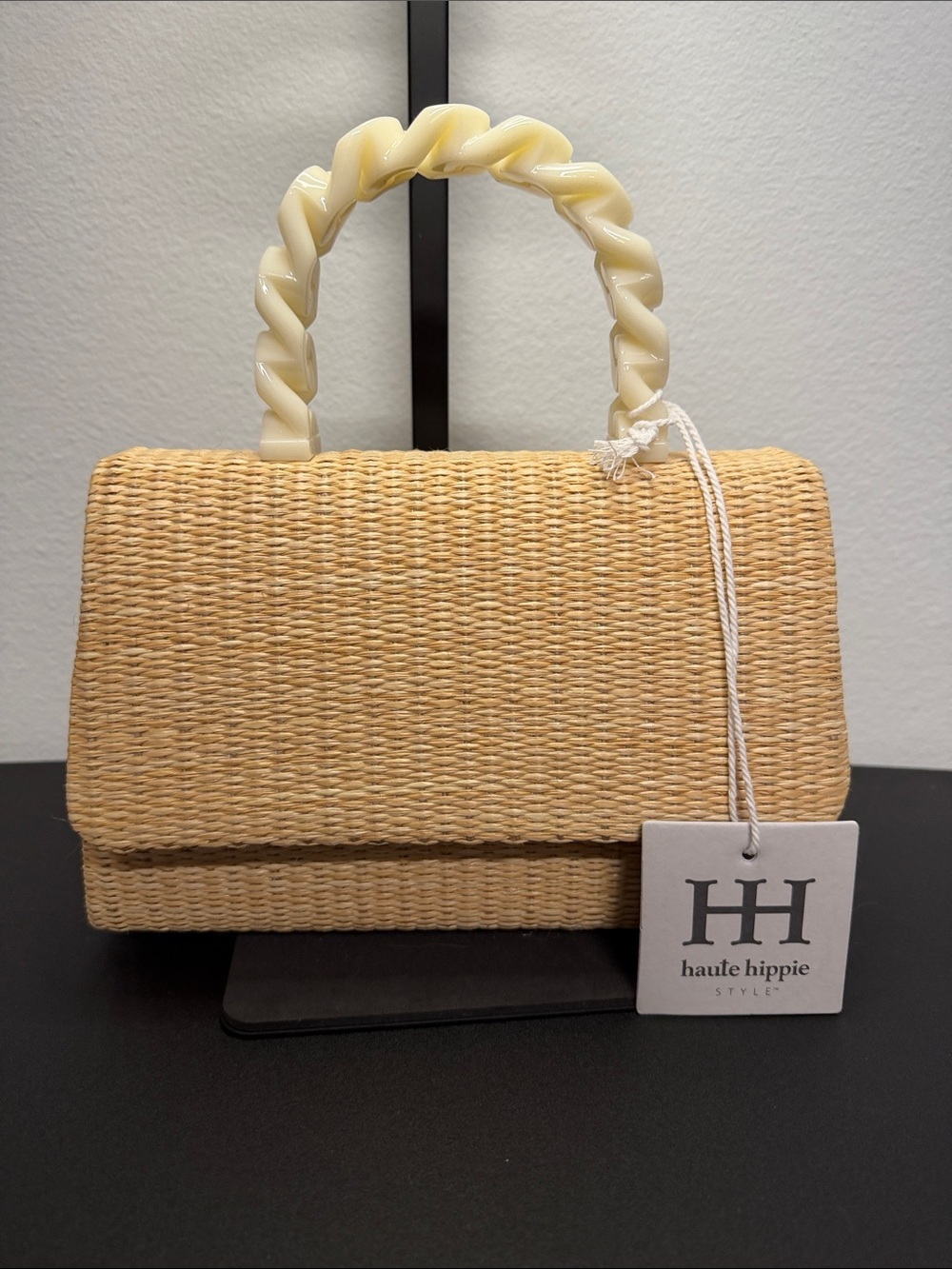 Haute Hippie | Natural Woven Satchel w/ Ivory Twist Handle & Crossbody Chain